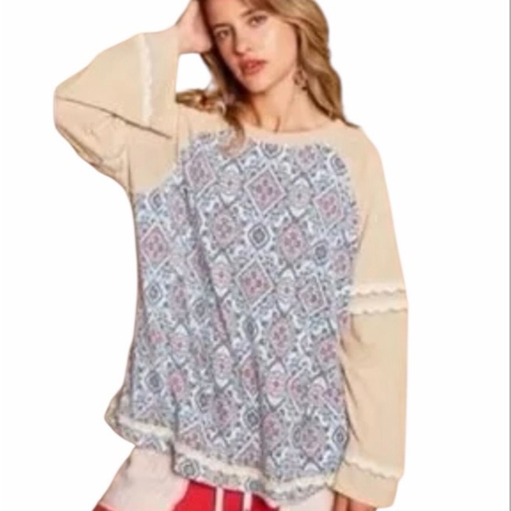 POL Bohemian Beige and Blue Patterned Women's Top NWOT